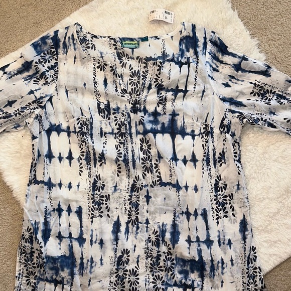 Avenue 18/20 cotton popover tunic w notch collar & hips shibori blue tie dye - Picture 3 of 9